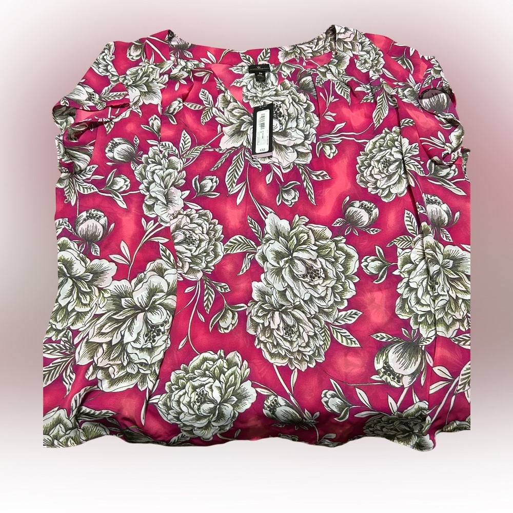 Worthington Pink and White Floral Short Sleeve Blouse